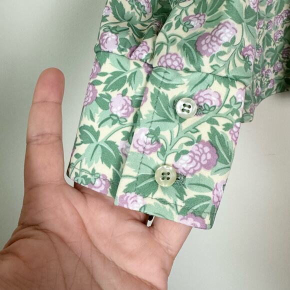 Vintage green purple clover flower print long sleeve button up blouse LARGE - Picture 5 of 5